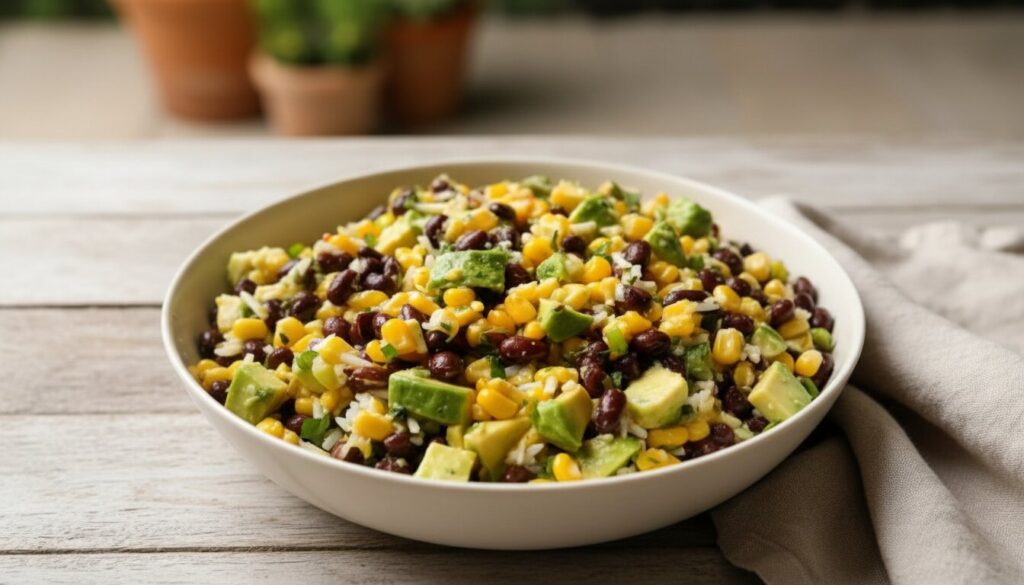 Overhead view of a vibrant Black Bean, Avocado and Corn Salad with Lemon Juice in a white bowl.