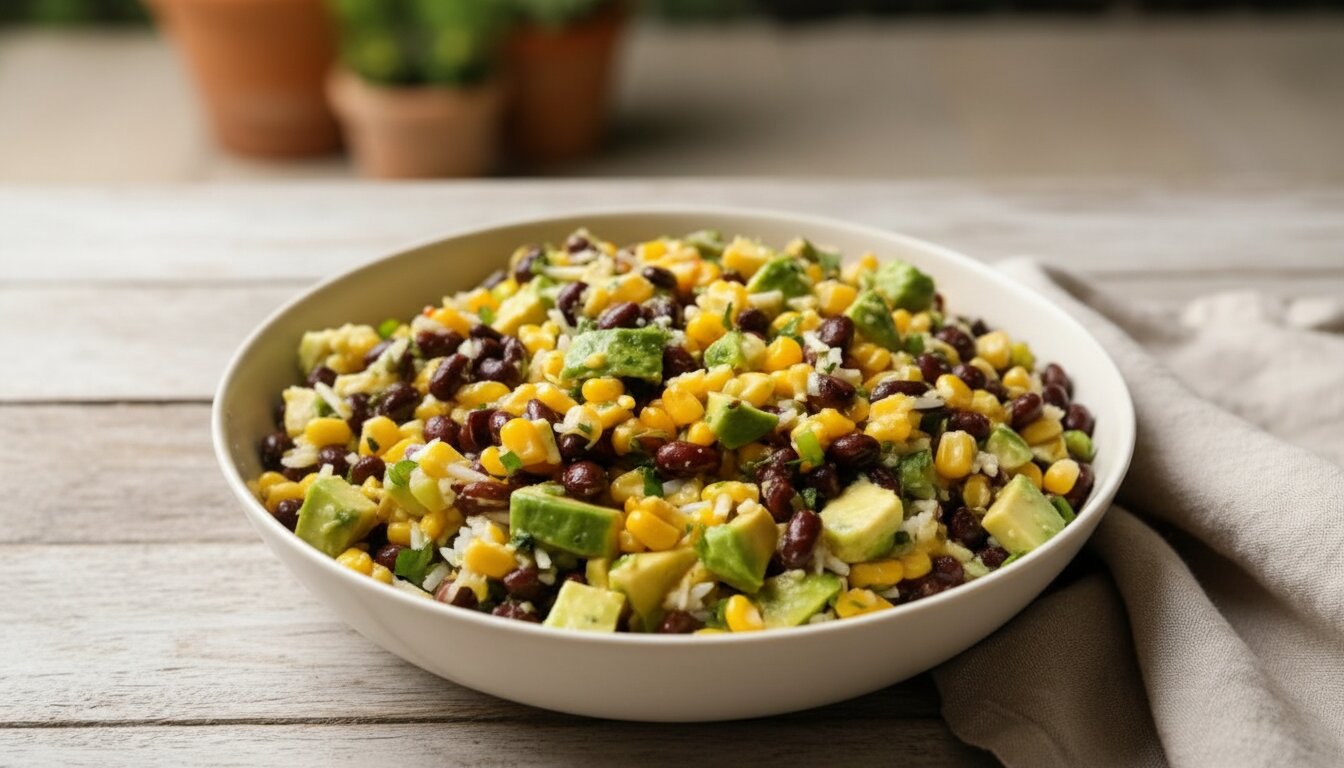 Overhead view of a vibrant Black Bean, Avocado and Corn Salad with Lemon Juice in a white bowl.