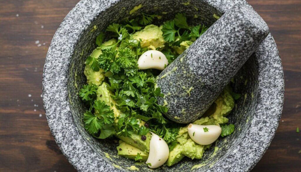 Fresh ingredients for Avocado Chimichurri sauce including parsley and garlic.