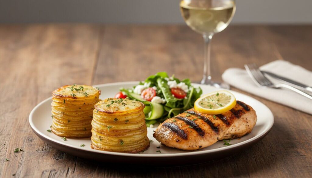 Mediterranean dinner plate with potato stacks and grilled chicken.