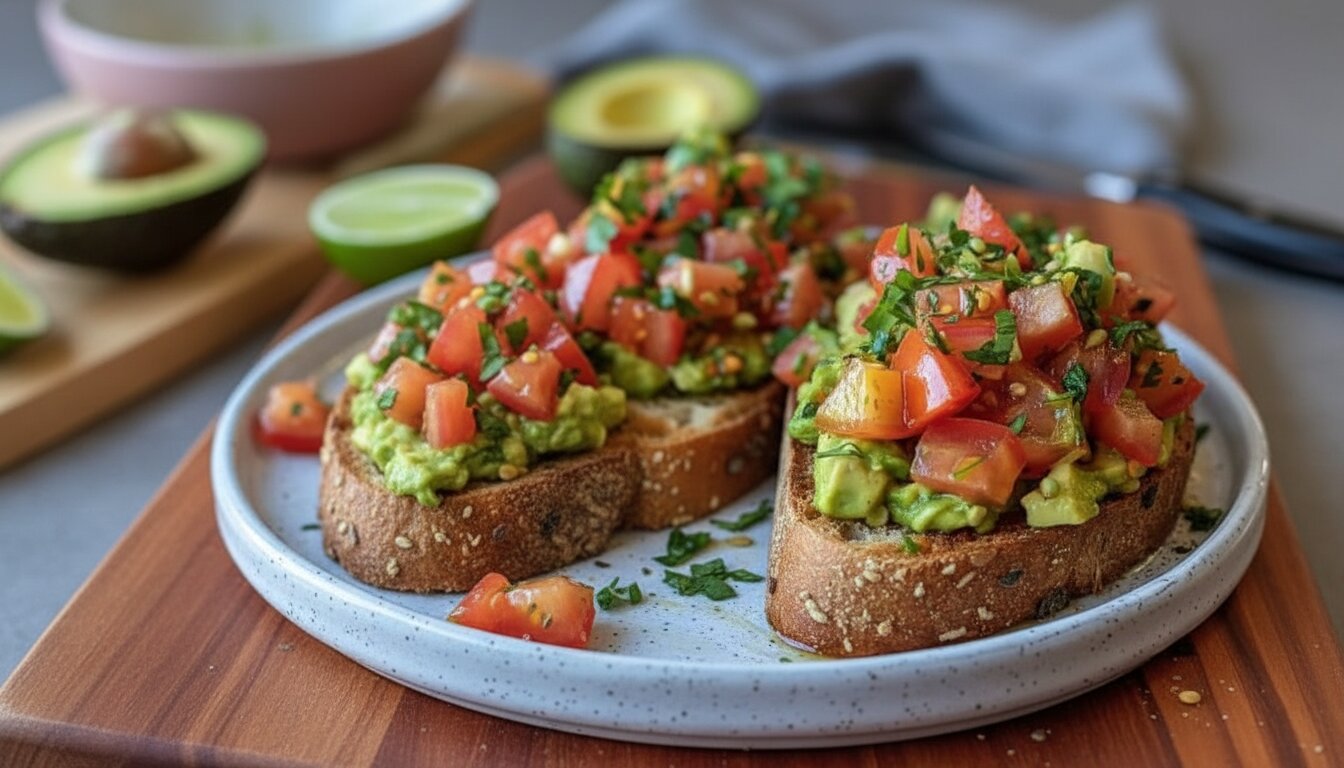 Smashed Avocado Bruschetta recipe topped with cherry tomatoes and basil