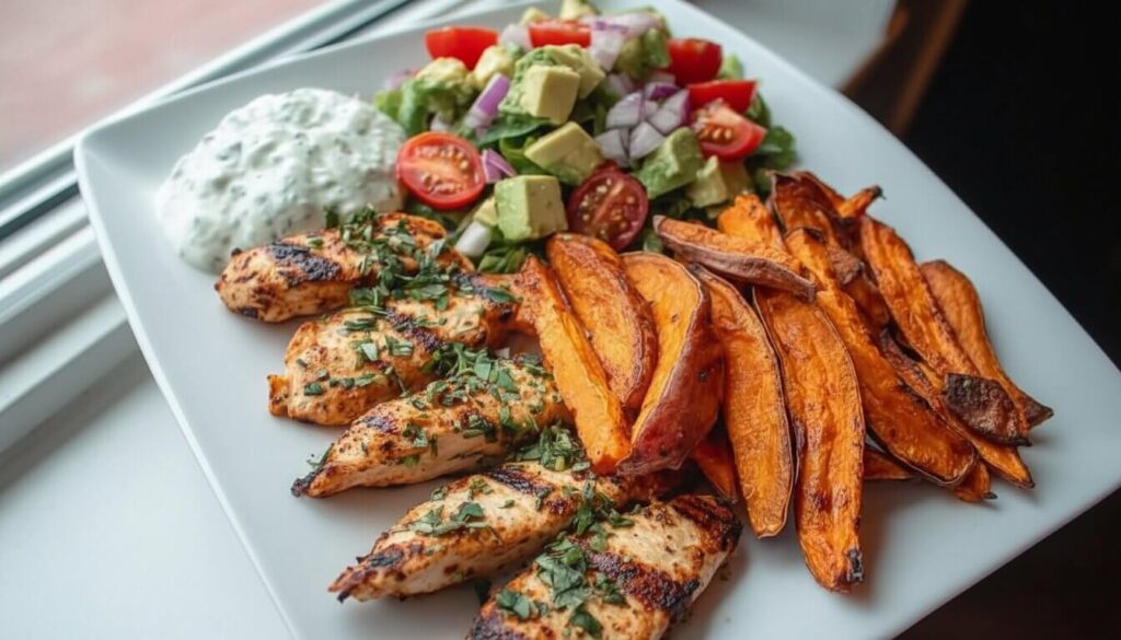 grilled chicken sweet potato bowl with avocado tomato salad and tzatziki