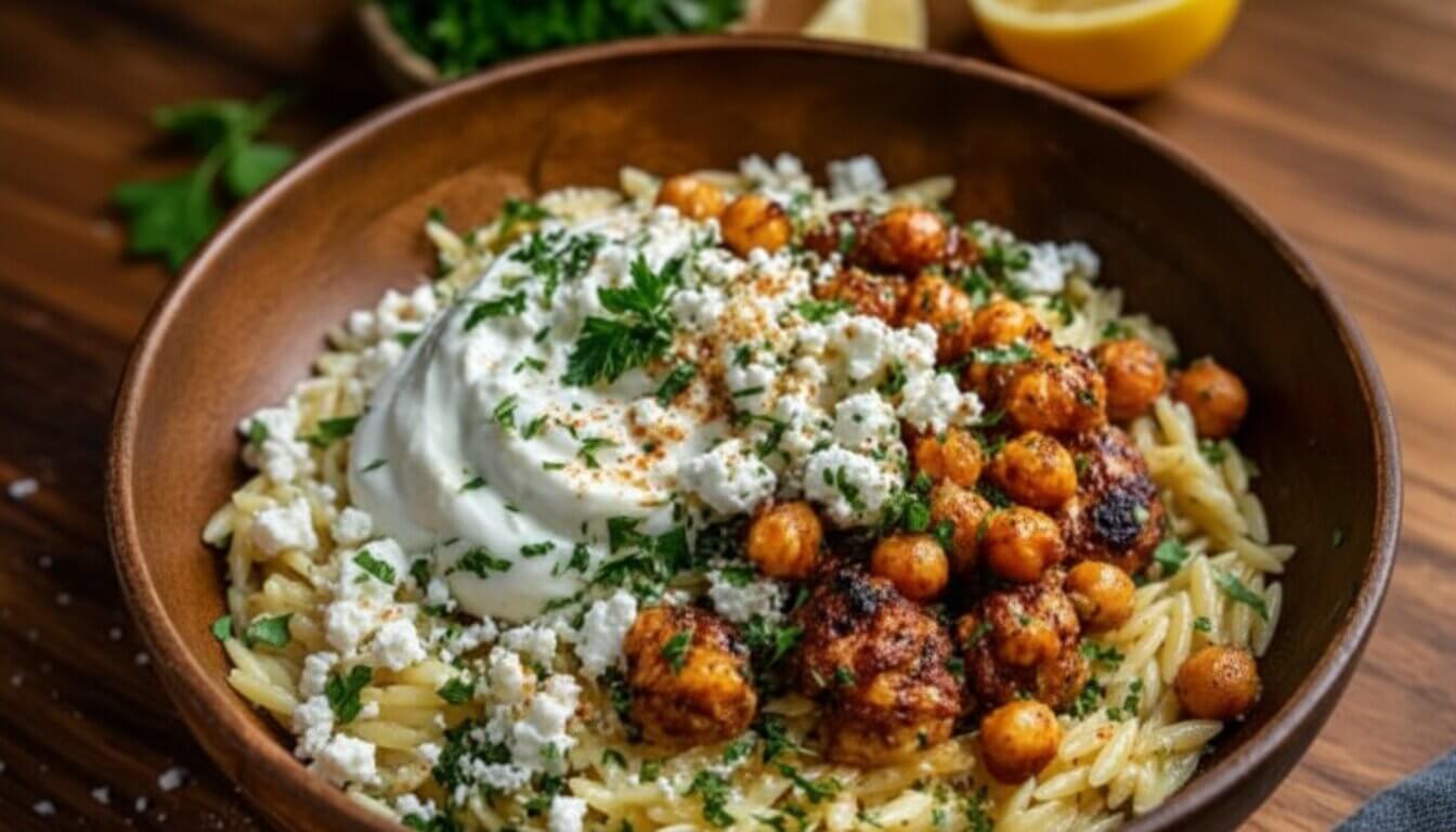 Lemon Dijon Chicken Orzo with Crispy Chickpeas and Whipped Feta Recipe in a ceramic bowl.