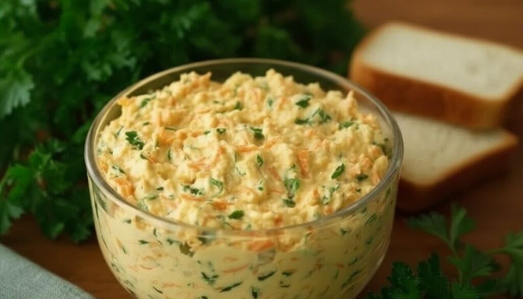 Creamy Carrot and Garlic Cheese Spread in a glass bowl with parsley garnish.