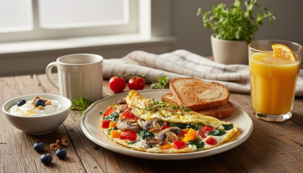 Healthy Mediterranean breakfast spread with veggie omelette and toast.