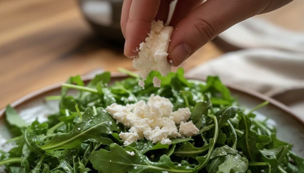 Soft crumbled goat cheese on a bed of arugula.