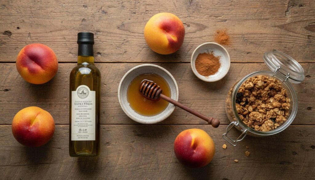 Ingredients for grilled peaches dessert including honey, peaches, and granola.