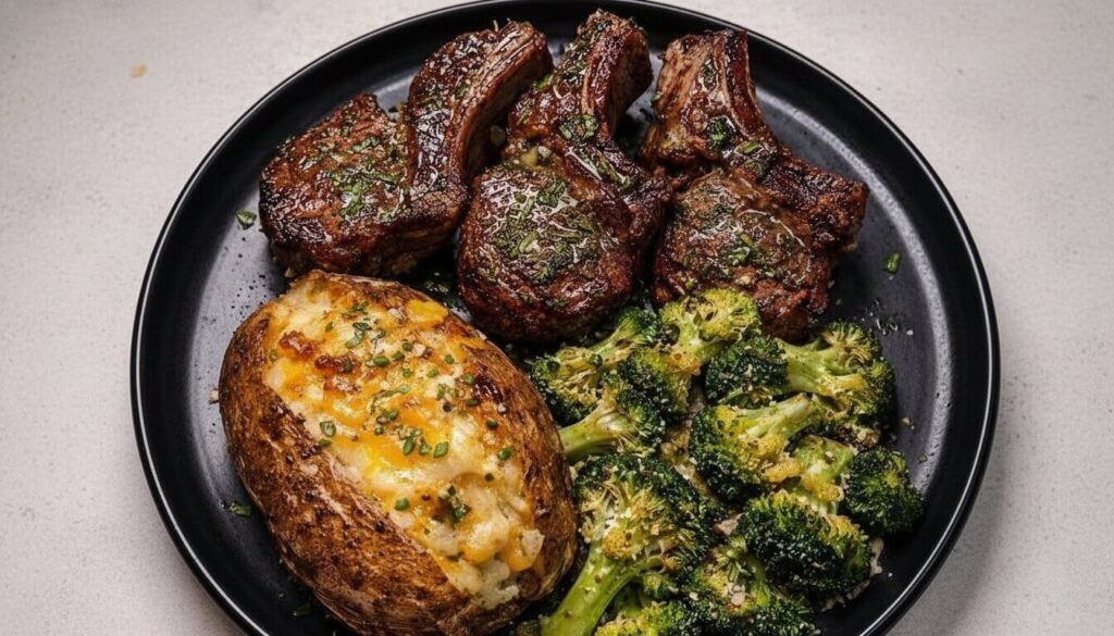 Garlic Herb Lamb Chops with Loaded Baked Potato and Parmesan Broccoli on a black plate.