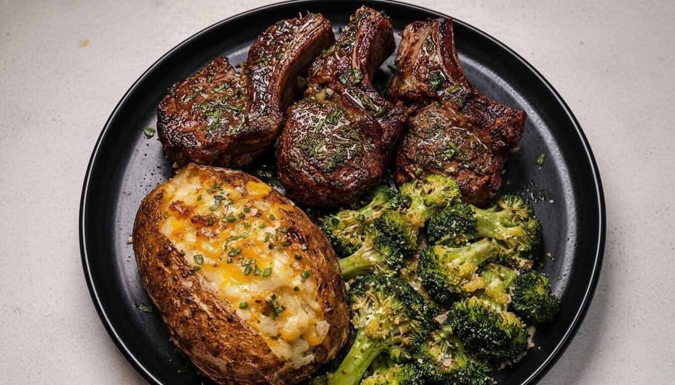 Garlic Herb Lamb Chops with Loaded Baked Potato and Parmesan Broccoli on a black plate.