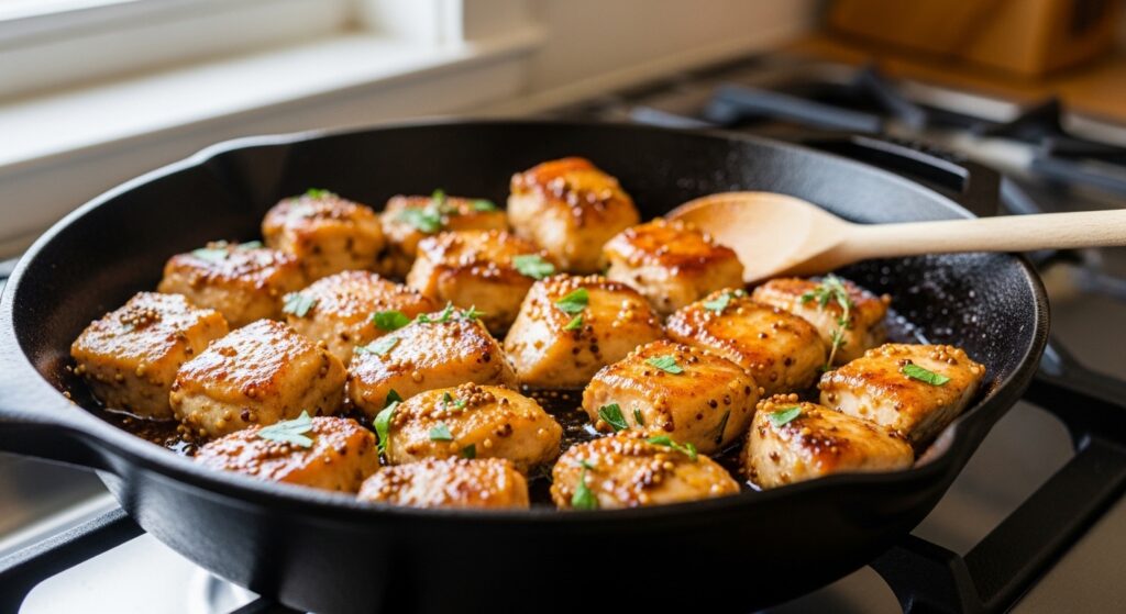 Close-up of sautéed honey mustard chicken breast cubes in a skillet.