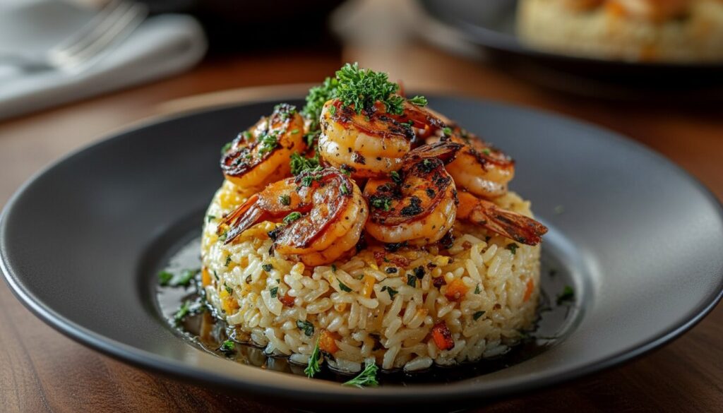 Top-down view of a Cajun Shrimp Rice Bowl with succulent shrimp and fresh vegetables.