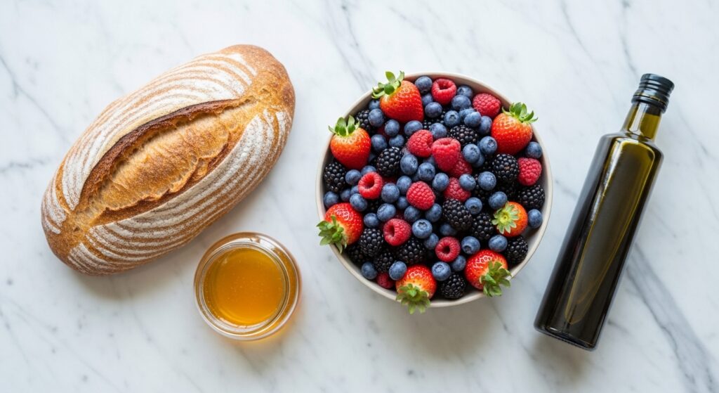 A flat-lay arrangement of ingredients: a loaf of sourdough, a bowl of mixed berries, a jar of honey, and a bottle of olive oil on a marble surface.