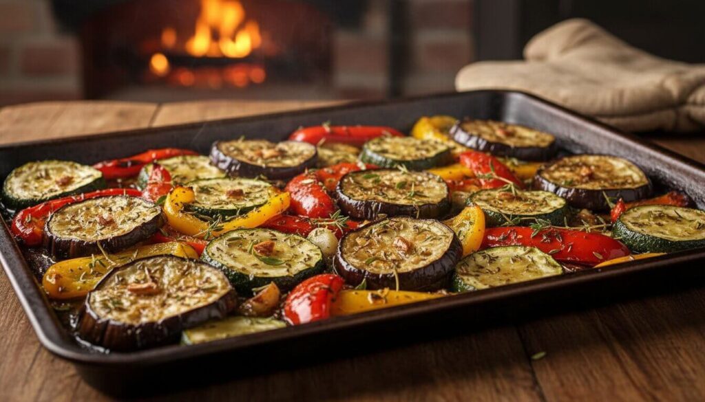 Oven-roasted eggplant zucchini and bell peppers seasoned with Mediterranean herbs on a baking tray.