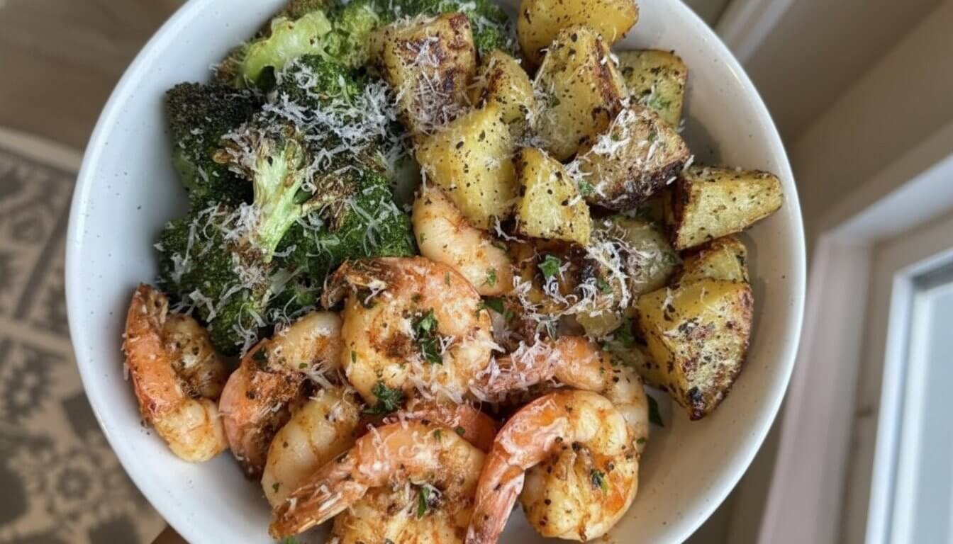 Garlic Parmesan Shrimp Bowl with roasted potatoes and broccoli in a white bowl.