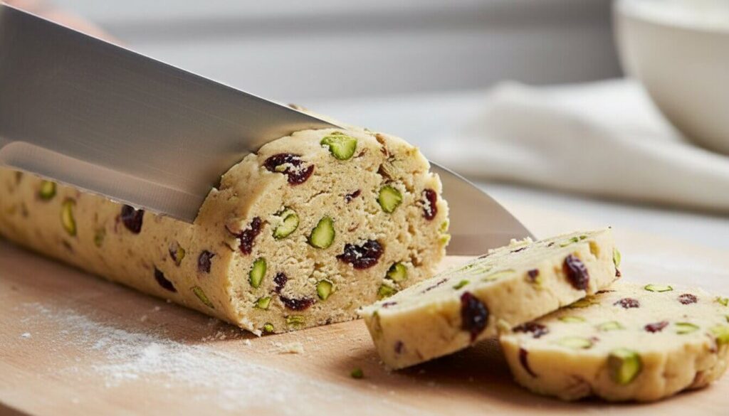 Hands slicing a log of cookie dough with visible cranberries and pistachios.