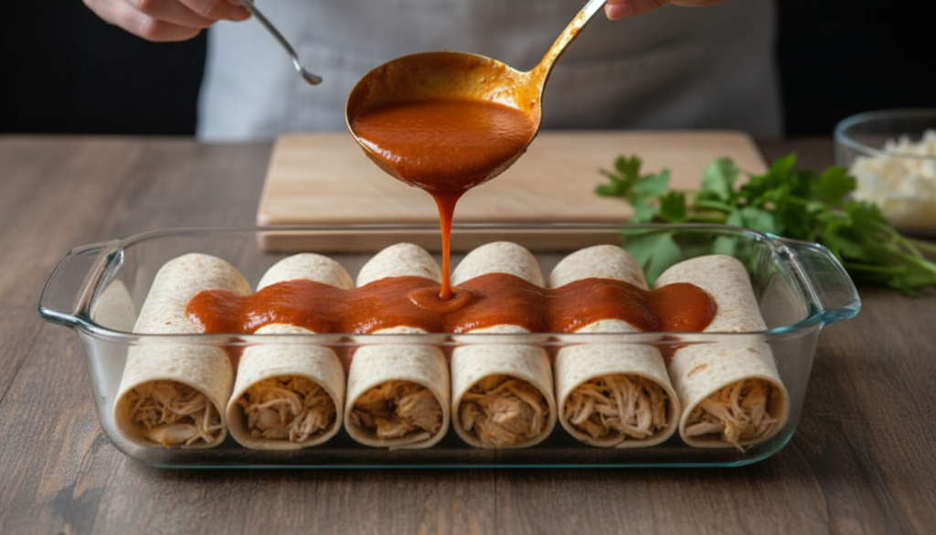 Step-by-step layering process of a healthy chicken enchilada bake.