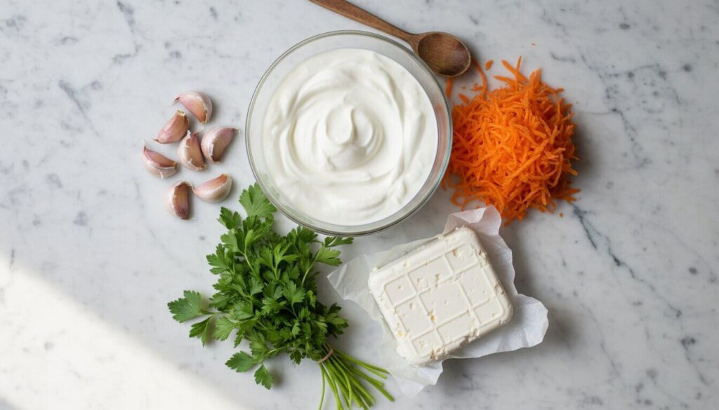 Ingredients for healthy Mediterranean carrot and garlic dip.