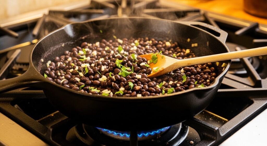 Sautéed black beans with minced garlic and lime juice in a cast-iron skillet for taco filling.