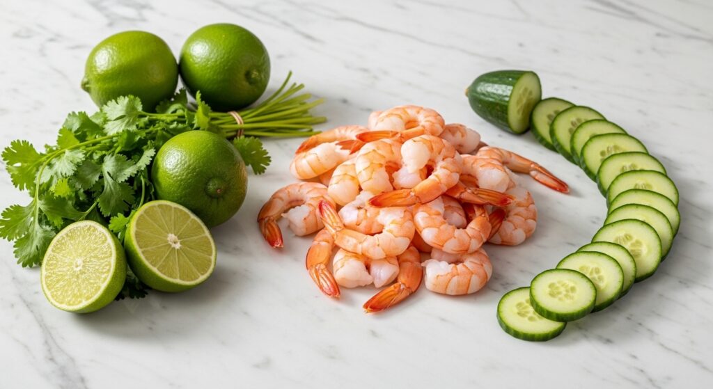Fresh ingredients for a healthy shrimp cocktail recipe.