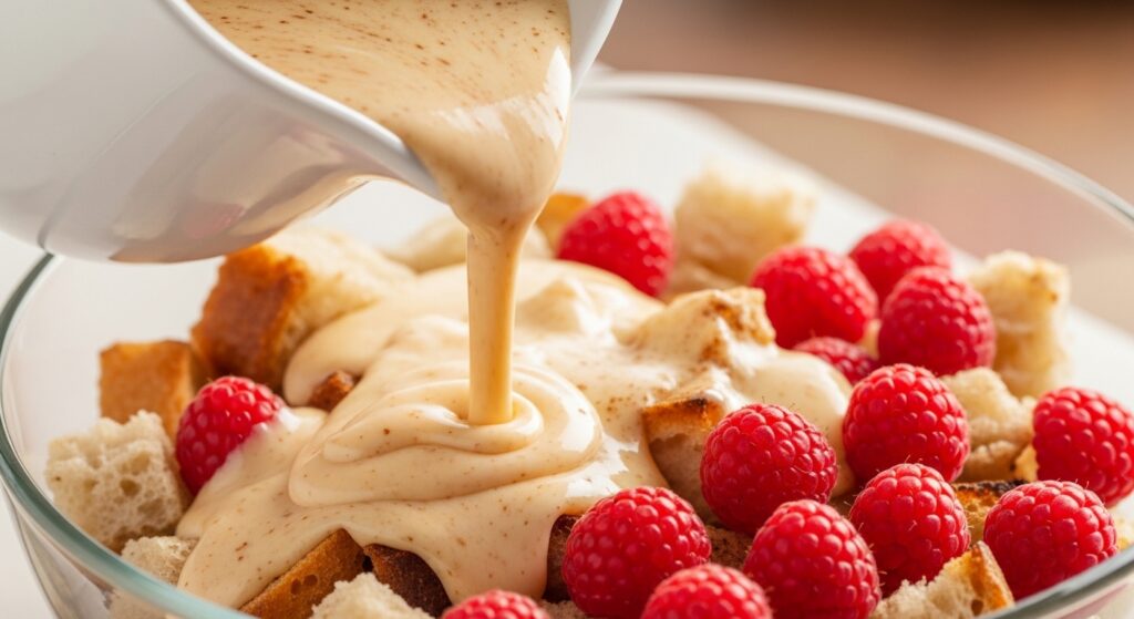 Pouring custard over bread cubes for mixed berry bread pudding.