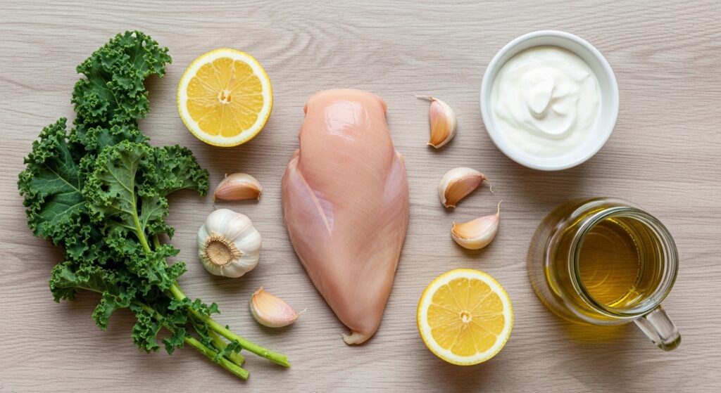 Fresh ingredients for Mediterranean garlic lemon chicken recipe.