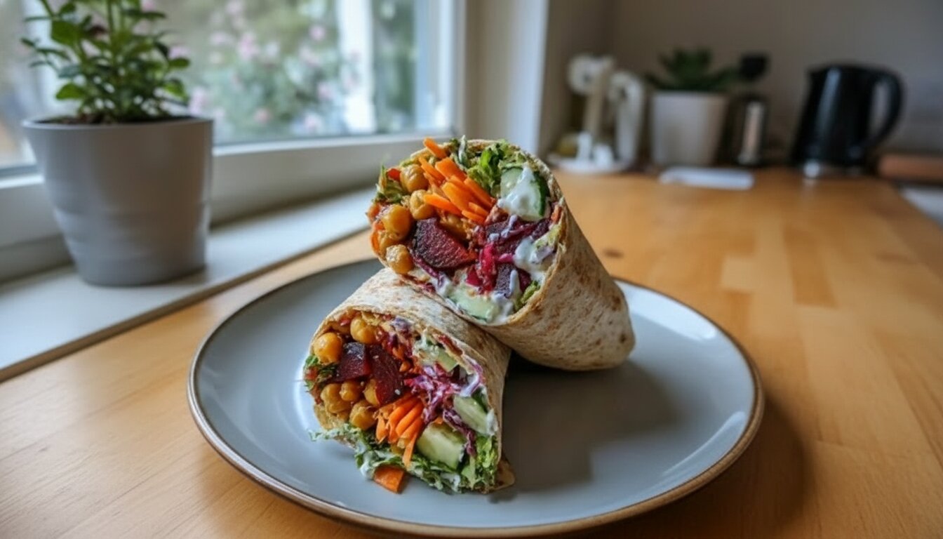 Colorful roasted beet and chickpea wrap sliced in half on a white marble background.