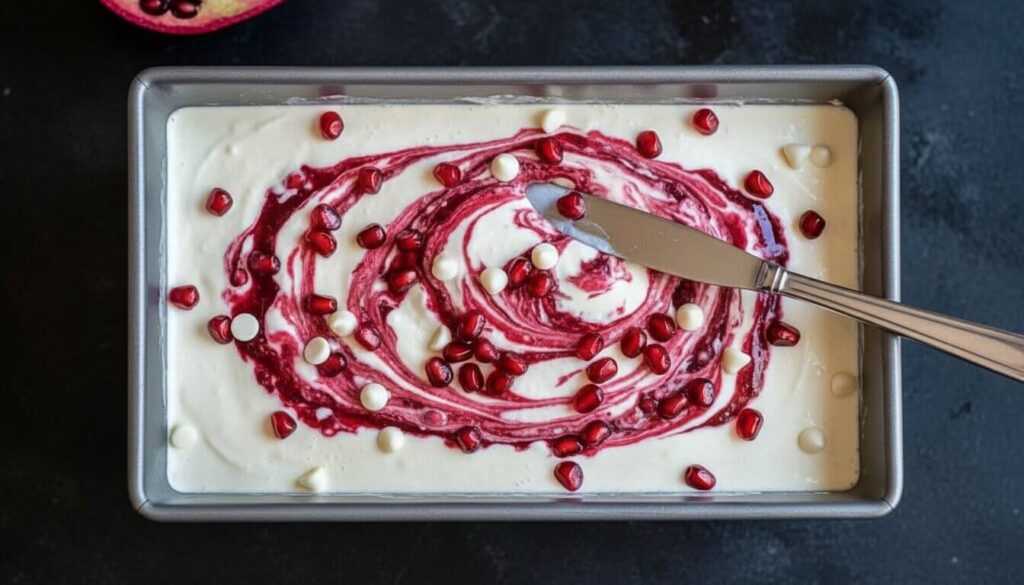 How to swirl pomegranate syrup into homemade ice cream base.