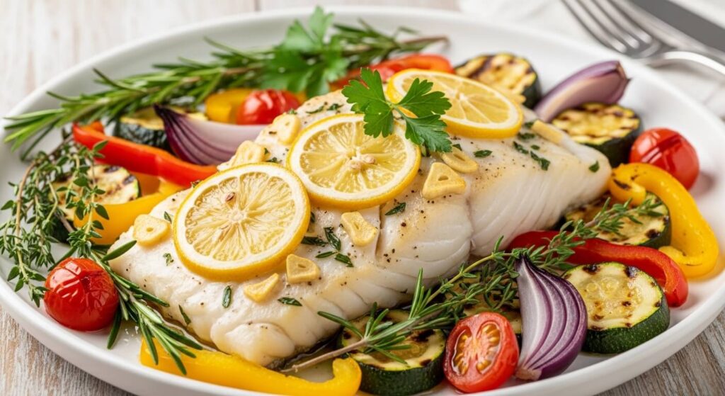 Lemon garlic baked cod Mediterranean seafood recipe