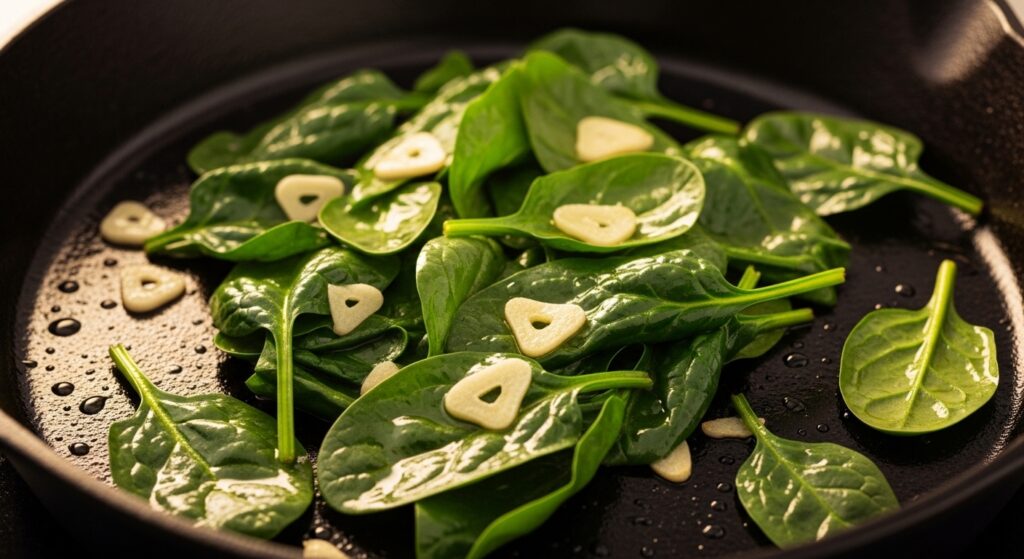 Sautéing fresh spinach and garlic in a pan for quiche filling.