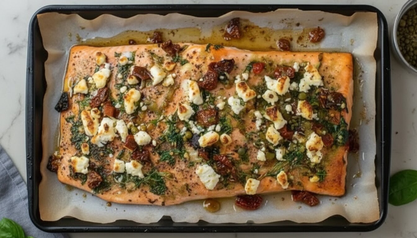 Mediterranean Salmon Bake with feta and sun-dried tomatoes on a baking sheet.