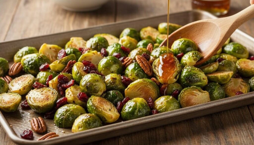 Adding maple syrup, cranberries, and pecans to roasted Brussels sprouts on a tray.