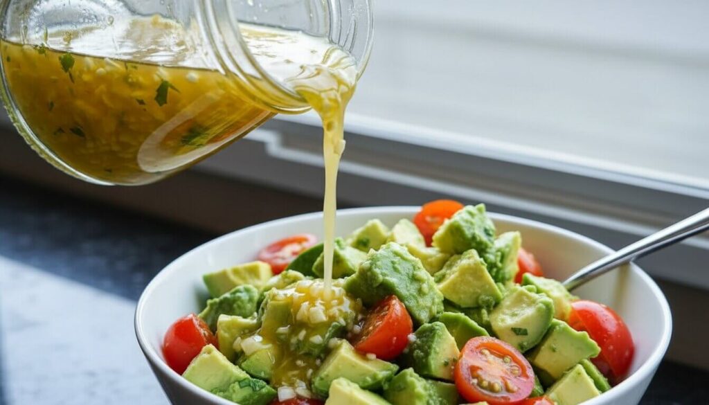 Pouring citrus olive oil dressing over a fresh avocado and tomato salad.