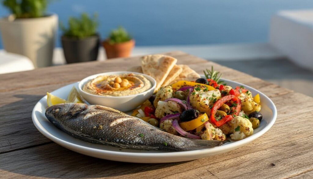 Mediterranean roasted cauliflower salad served as a healthy meal.