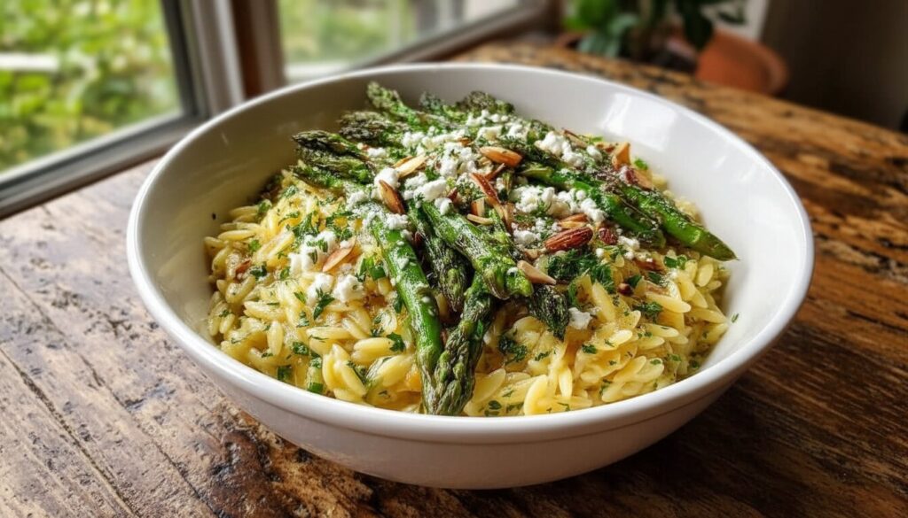 Lemon Herb Orzo with Asparagus Feta and Toasted Almonds recipe