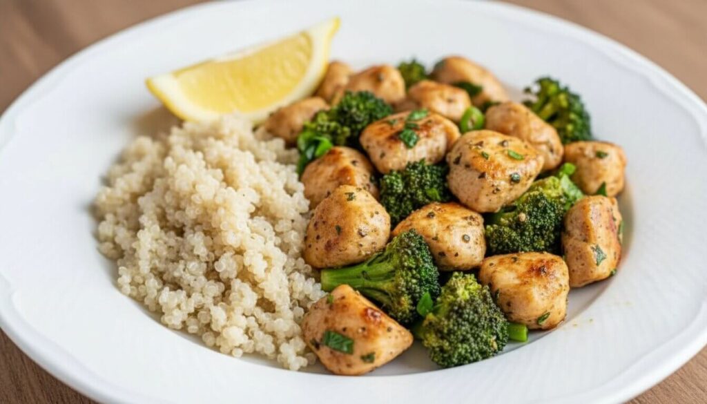 Garlic Chicken with Broccoli served over a bed of quinoa.