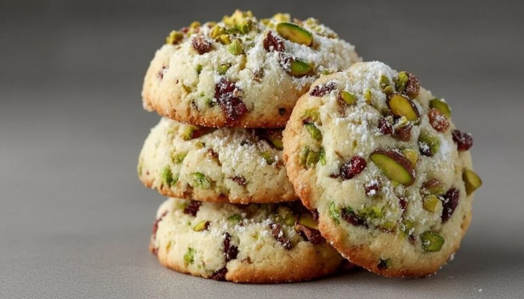 A stack of round Cranberry Pistachio Shortbread Cookies showing red berries and green nuts.