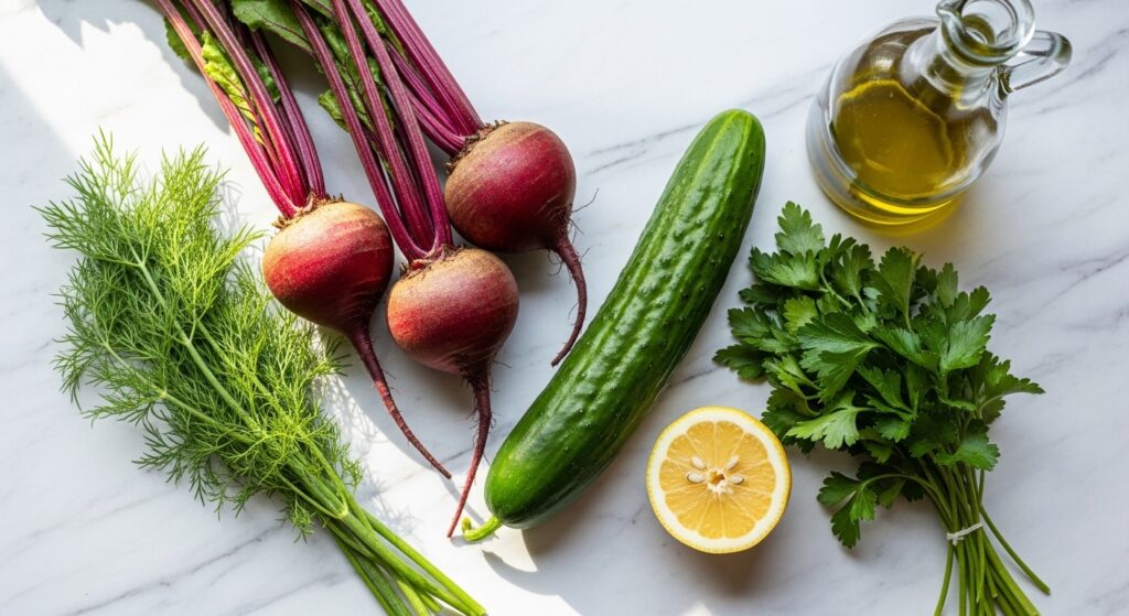 Ingredients for Mediterranean beetroot and cucumber salad including fresh herbs and lemon.