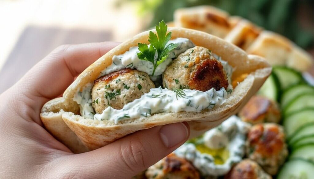 Greek meatballs in pita wrap with tzatziki sauce.