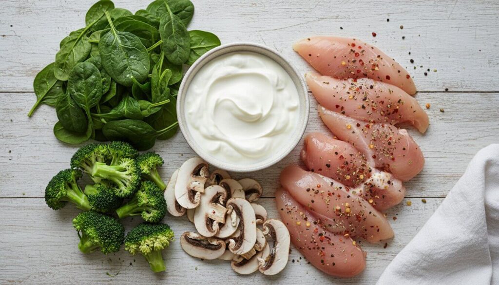 Fresh ingredients for Mediterranean chicken recipe including broccoli, spinach, and artichokes.