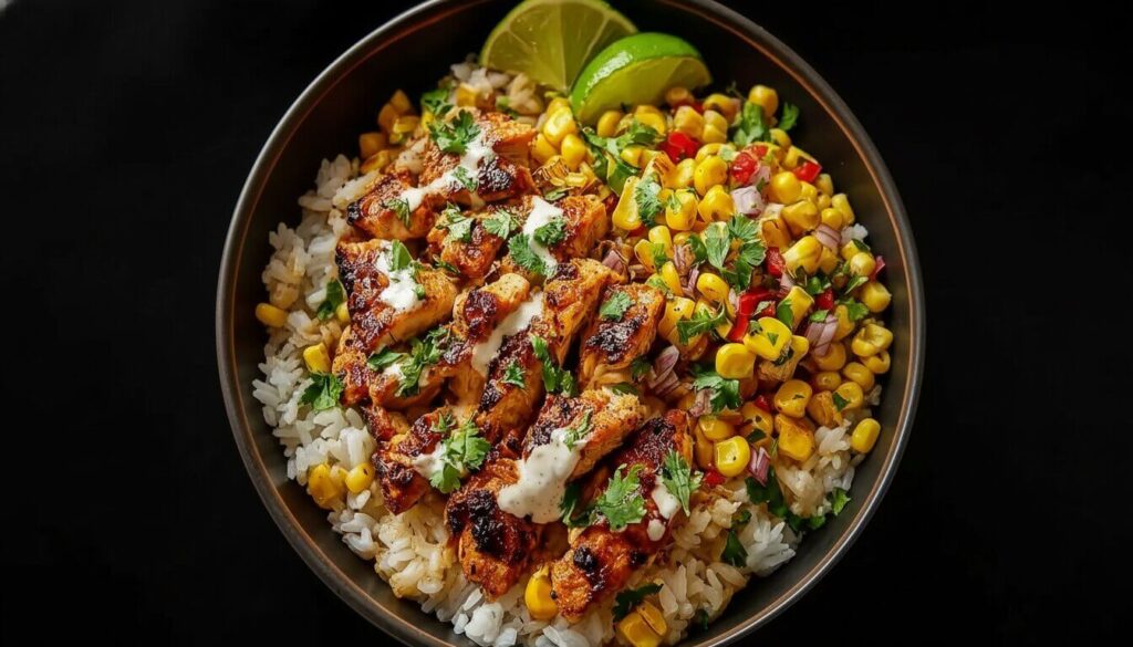 Street Corn Chicken Rice Bowl with grilled chicken and feta.