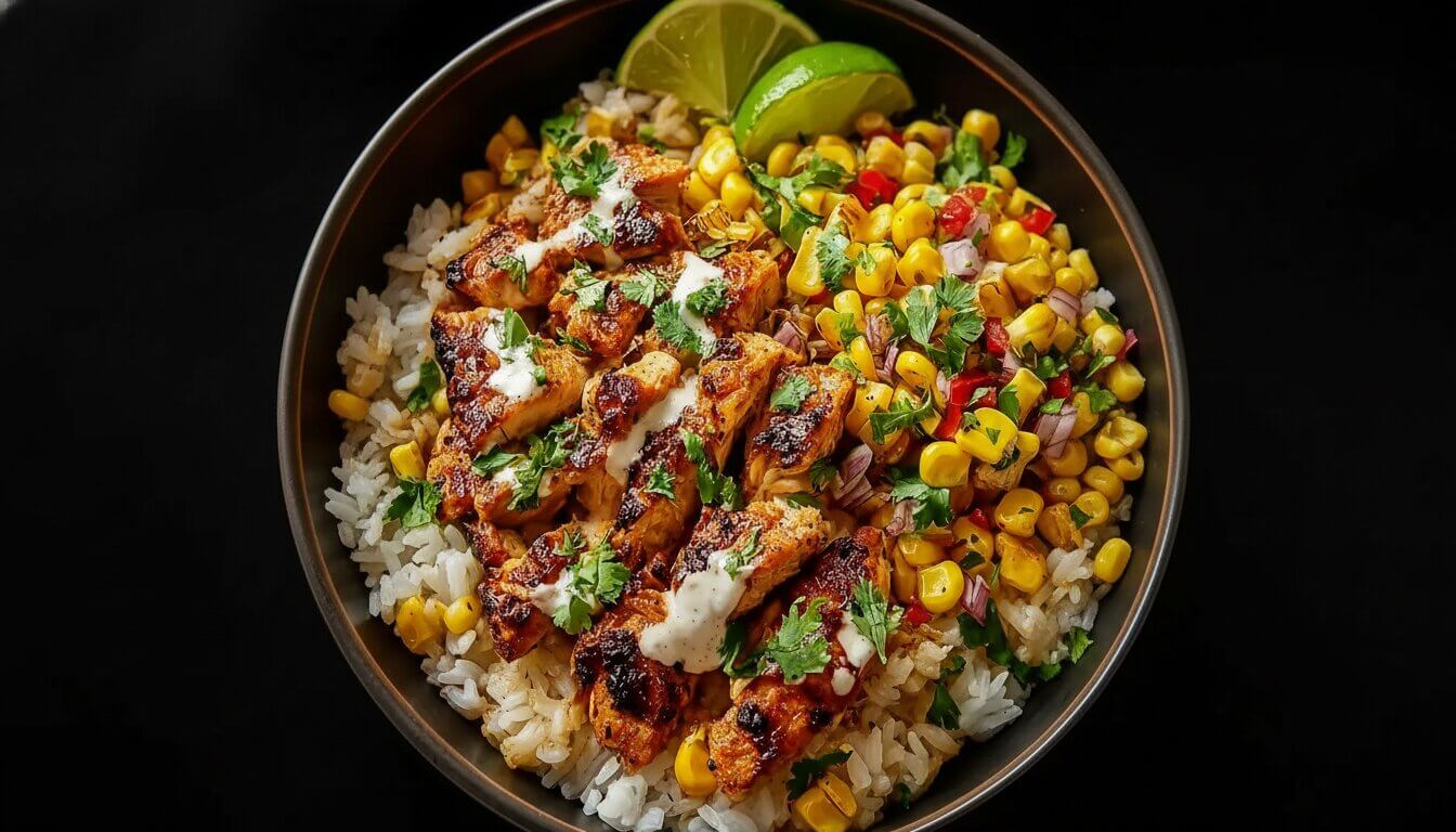 Street Corn Chicken Rice Bowl with grilled chicken and feta.