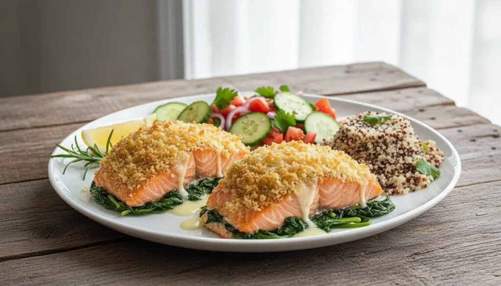 Baked salmon served with Mediterranean cucumber tomato salad and quinoa