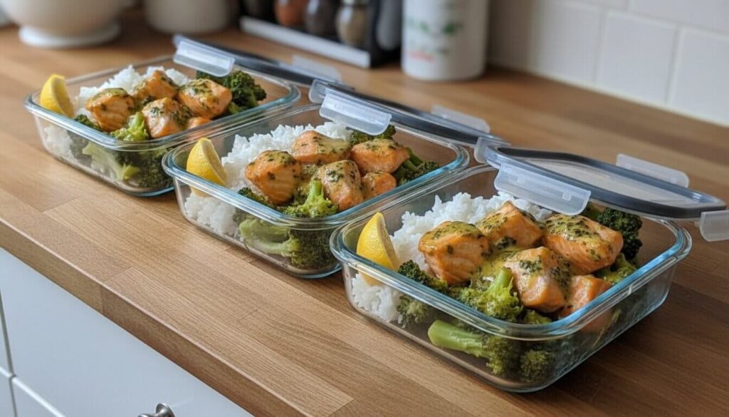 Meal prep glass containers filled with Turmeric-Tahini Salmon and Broccoli.
