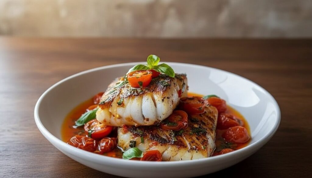 Pan-seared Mediterranean cod in a skillet with tomato basil sauce and fresh herbs.