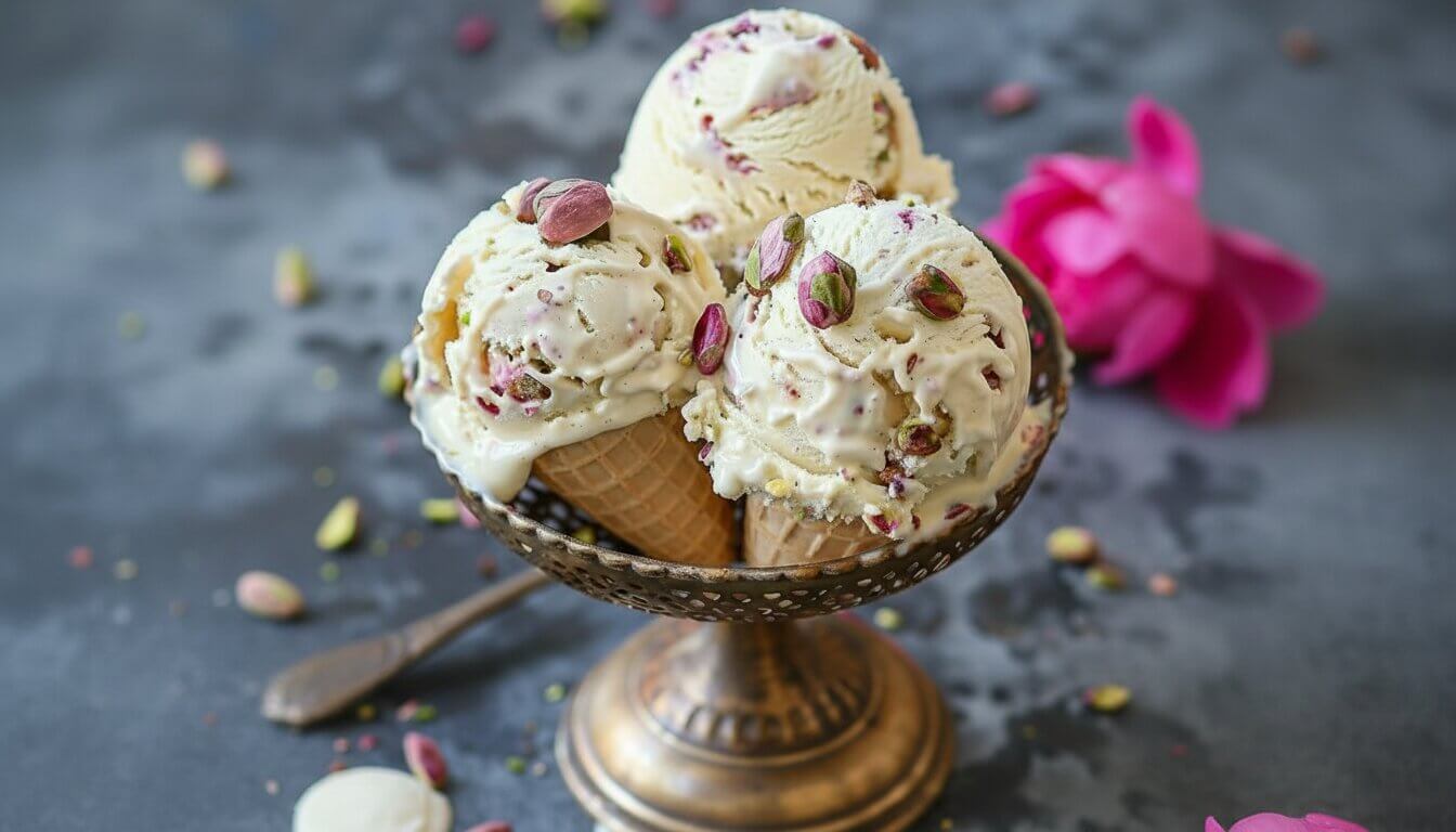 Scoops of Rose Pistachio Cheesecake Ice Cream in a brass bowl with rose petals.
