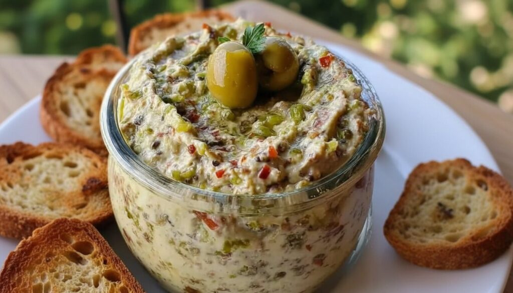 A bowl of Mediterranean green olive dip served with pita bread and fresh vegetables.