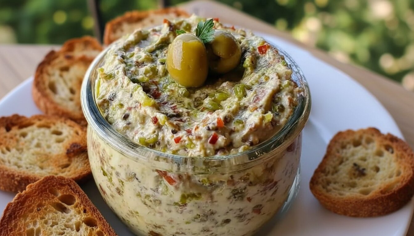 A bowl of Mediterranean green olive dip served with pita bread and fresh vegetables.