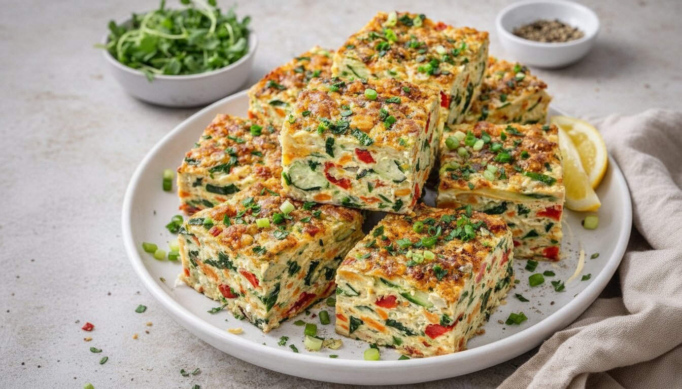 Healthy baked vegetable squares in a white plate