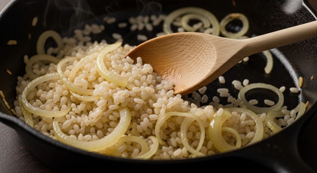 Toasting arborio rice and onions in a skillet for a Mediterranean spring pea risotto.