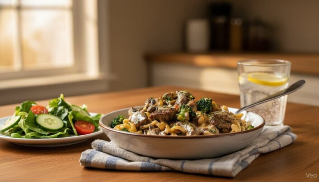 A full Mediterranean meal featuring chicken mushroom pasta and a fresh side salad.